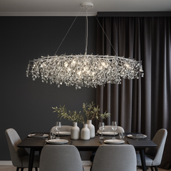 Candelabru rotund Ø1200+550 auriu cu detalii cromate deasupra mesei dining mari, lumina uniforma cu becuri E14 LED, stil clasic luxos