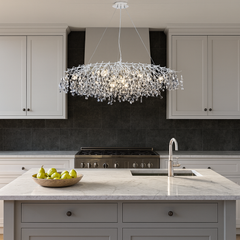 Candelabru rotund Ø1200+550 auriu cu accente cromate in bucatarie spatioasa, iluminare decorativa cu becuri E14 LED, fara telecomanda