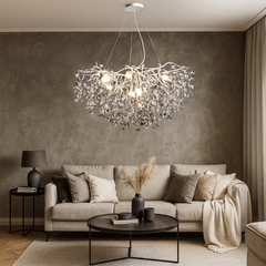 Candelabru rotund Ø600 auriu cu detalii cromate, suspendat in living modern, iluminare ambientala cu becuri E14 LED, fara telecomanda