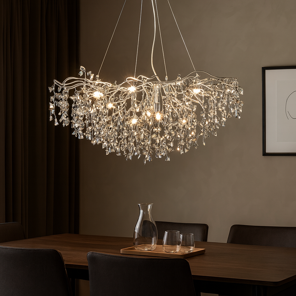 Candelabru rotund Ø800 auriu cu detalii cromate deasupra mesei dining, lumina uniforma cu becuri E14 LED, stil clasic rafinat