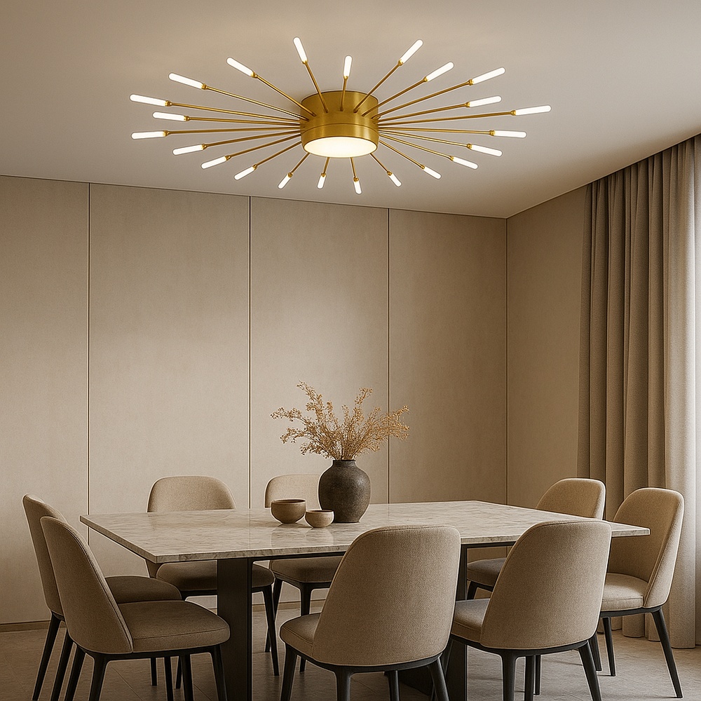 Lustra LED moderna aurie D1150 mm cu lumina ajustabila 3000–6500K si telecomanda, ideala pentru dining mare cu stil contemporan, model 27127/30+1.