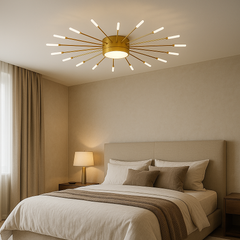 Lustra LED moderna aurie cu efect decorativ tip raze si reglaj luminos prin telecomanda, perfecta pentru dormitor modern si elegant, model 27127/30+1.