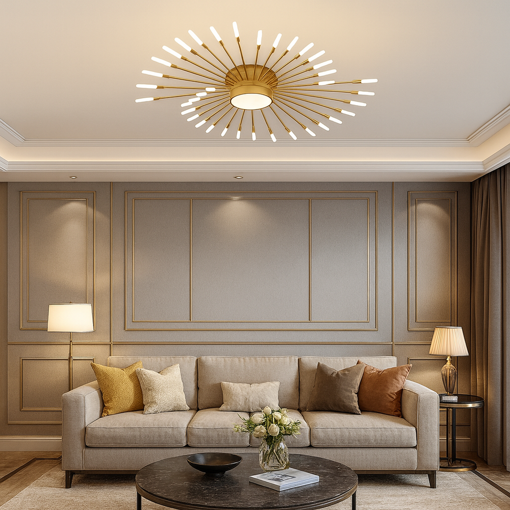 Lustra LED moderna aurie cu design tip soare, diametru mare D1280 mm si lumina reglabila 3000–6500K prin telecomanda, ideala pentru living spatios, model 27127/42+1.