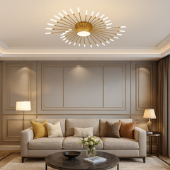 Lustra LED moderna aurie cu design tip soare, diametru mare D1280 mm si lumina reglabila 3000–6500K prin telecomanda, ideala pentru living spatios, model 27127/42+1.