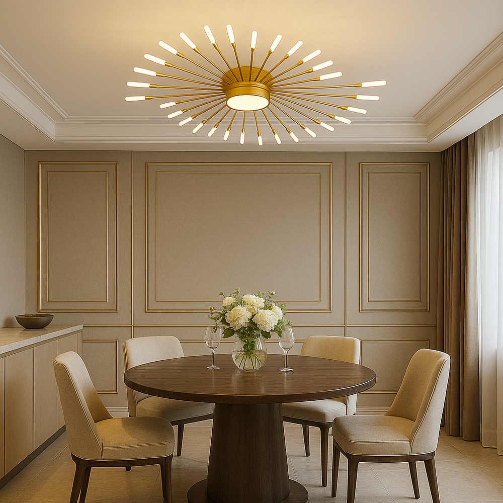 Lustra LED moderna aurie D1280 mm, design tip soare si lumina reglabila prin telecomanda, ideala pentru zona de dining cu stil contemporan, model 27127/42+1.