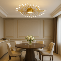 Lustra LED moderna aurie D1280 mm, design tip soare si lumina reglabila prin telecomanda, ideala pentru zona de dining cu stil contemporan, model 27127/42+1.