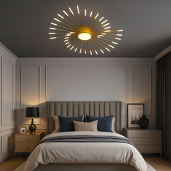 Lustra LED moderna aurie cu tije radiale si lumina ajustabila, perfecta pentru dormitor modern si elegant, model 27127/42+1.