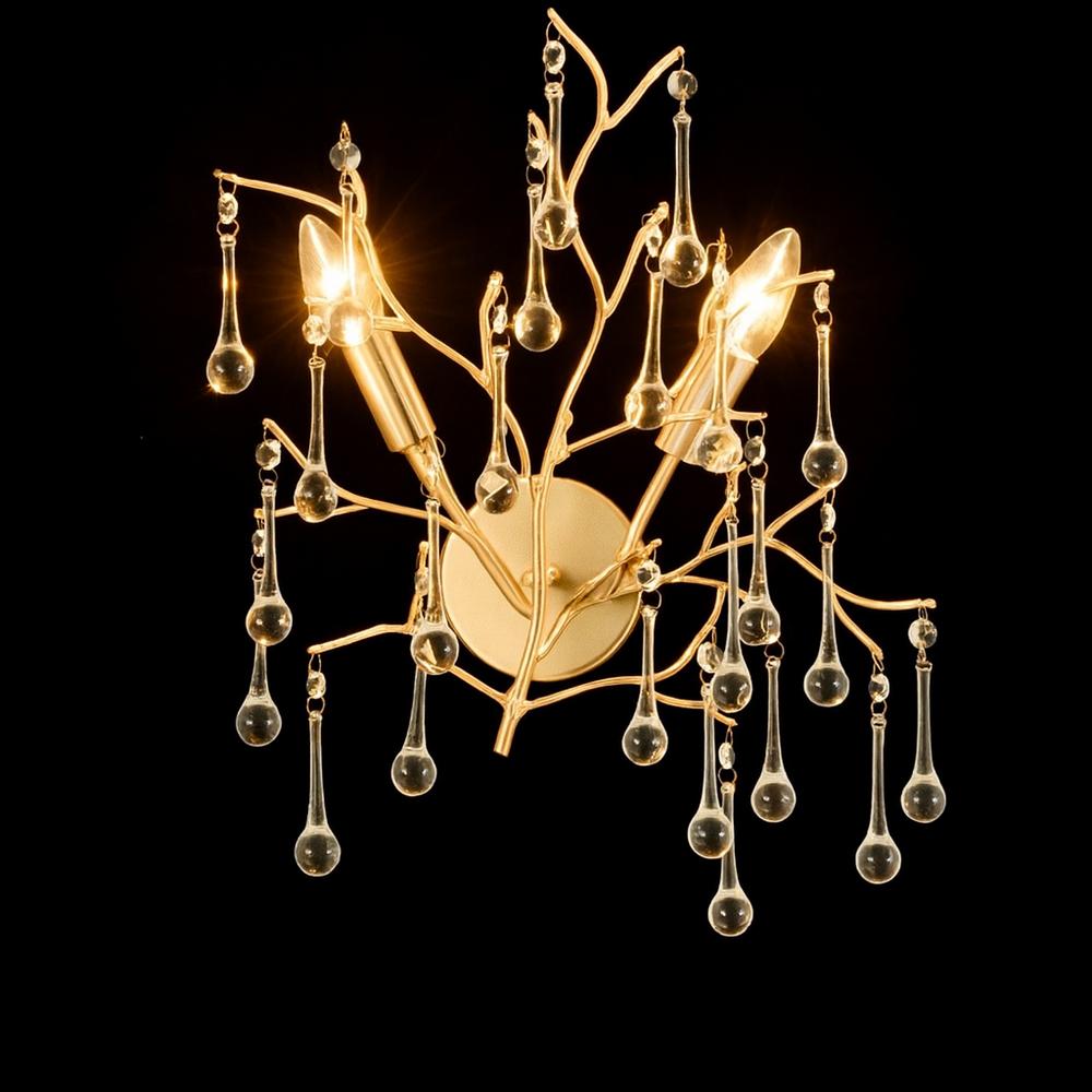 Aplica aurie cu cristale K9 stralucitoare, design rotund Ø30 cm cu 2 E14, perfecta pentru living modern cu lumina decorativa eleganta.