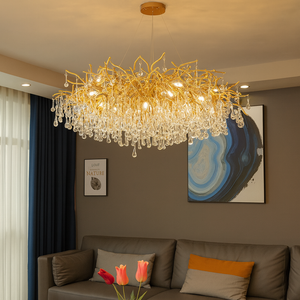 Candelabru rotund auriu cu cristale ploaie 60 cm model 27137/600