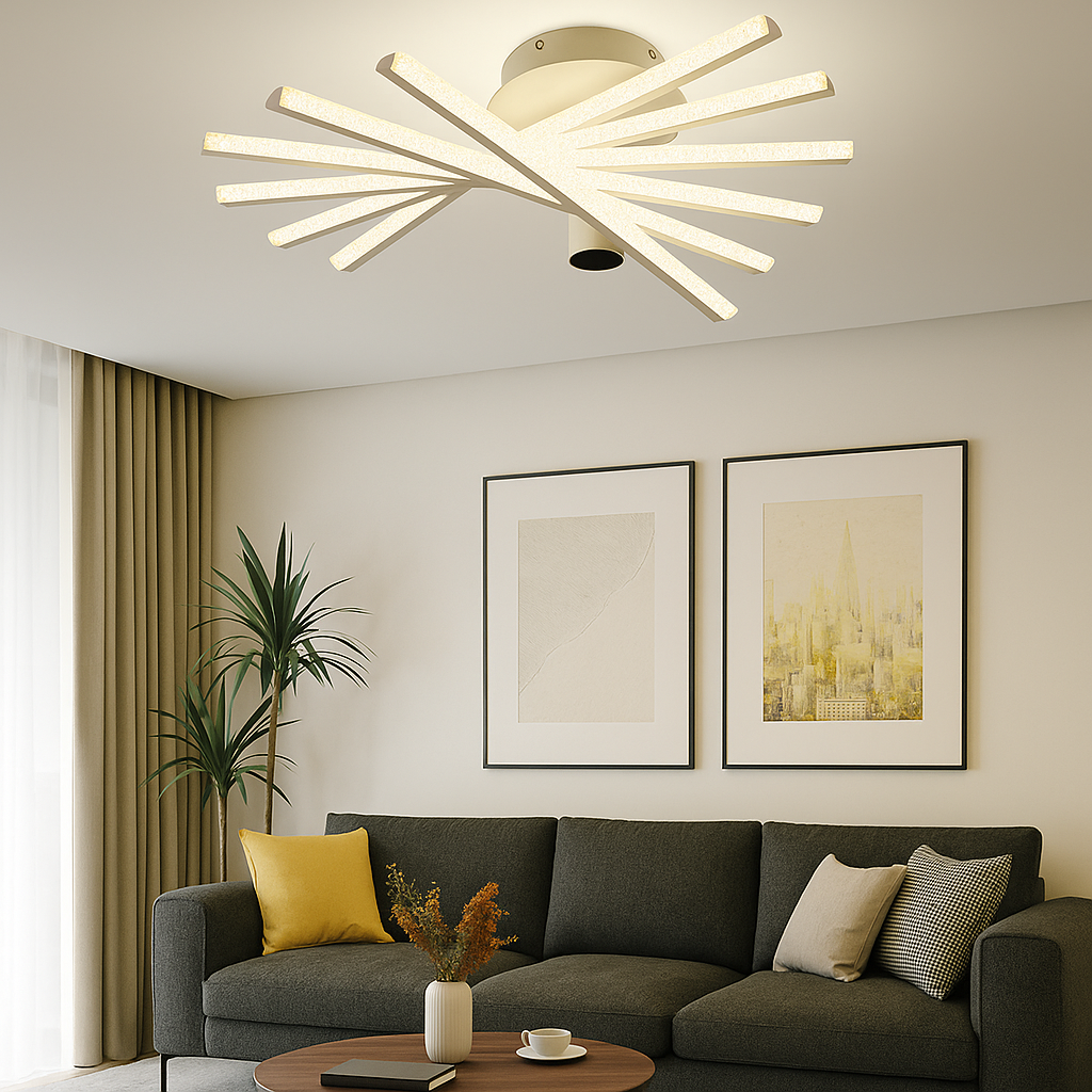 Lustra LED moderna 144W alb mat cu lumina reglabila 3300K-6500K si telecomanda, montata in living modern pentru iluminare eleganta si uniforma