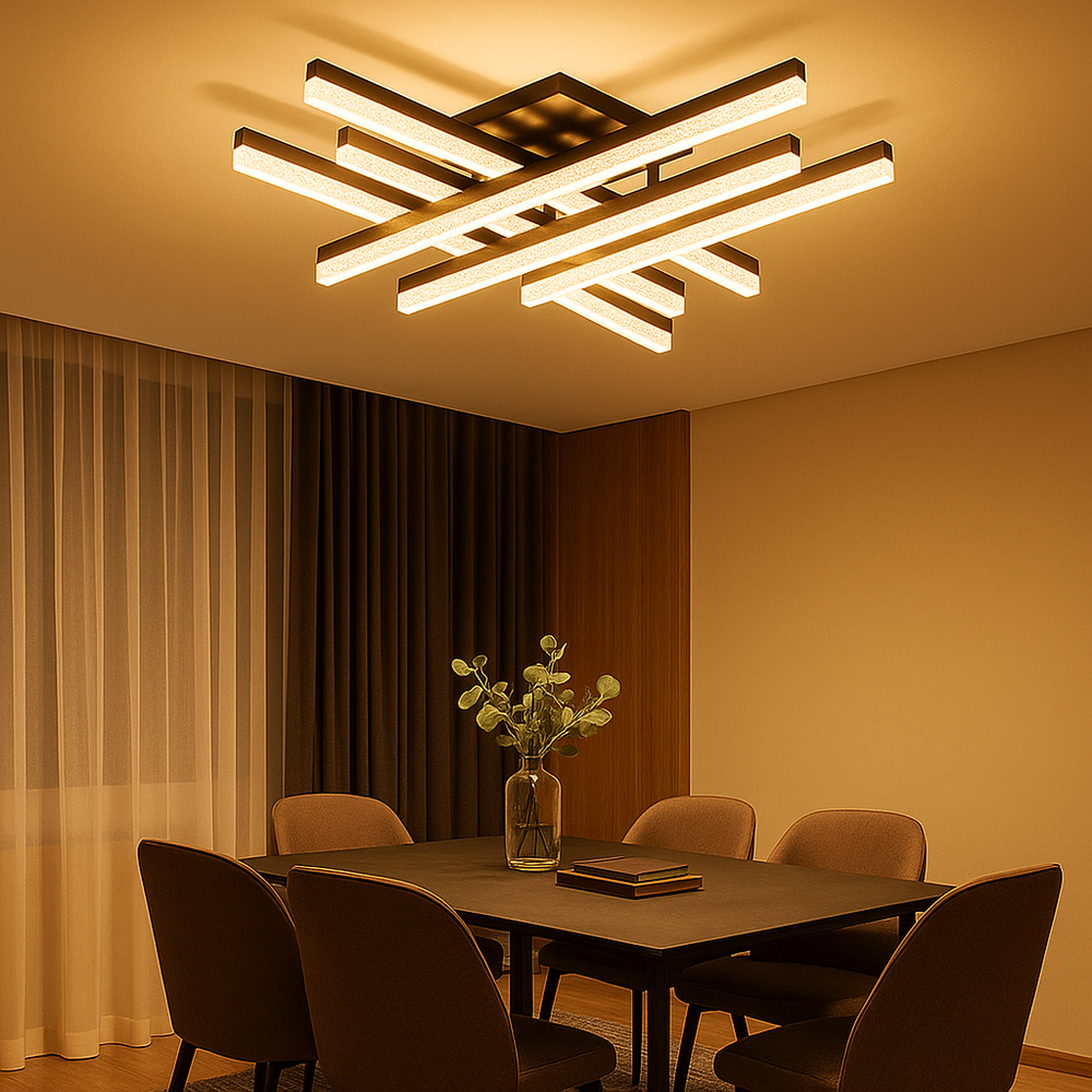 Lustra LED geometrica 144W negru mat cu lumina reglabila 3300K-6500K si telecomanda, ideala pentru un dining modern cu iluminare eleganta si versatila