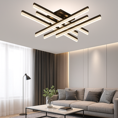 Lustra LED geometrica 144W negru mat cu lumina reglabila 3300K-6500K si telecomanda, montata in living modern pentru iluminare eleganta si uniforma