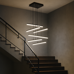 Pendul LED modern negru geometric 2819-6 BK cu lumina reglabila, ideal pentru scari interioare inalte si interioare moderne.