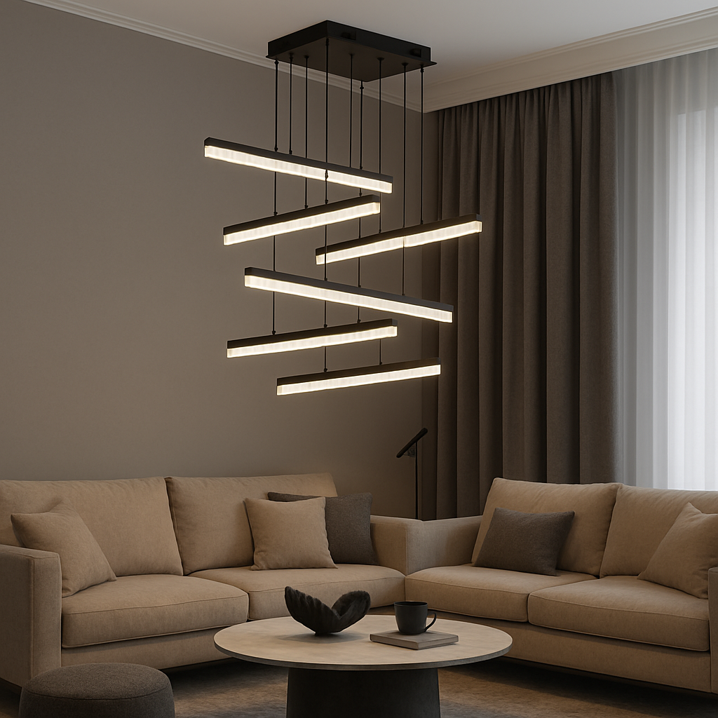 Pendul LED modern negru geometric 2819-6 BK cu lumina reglabila 2800–6500K si telecomanda, ideal pentru living spatios cu decor contemporan.