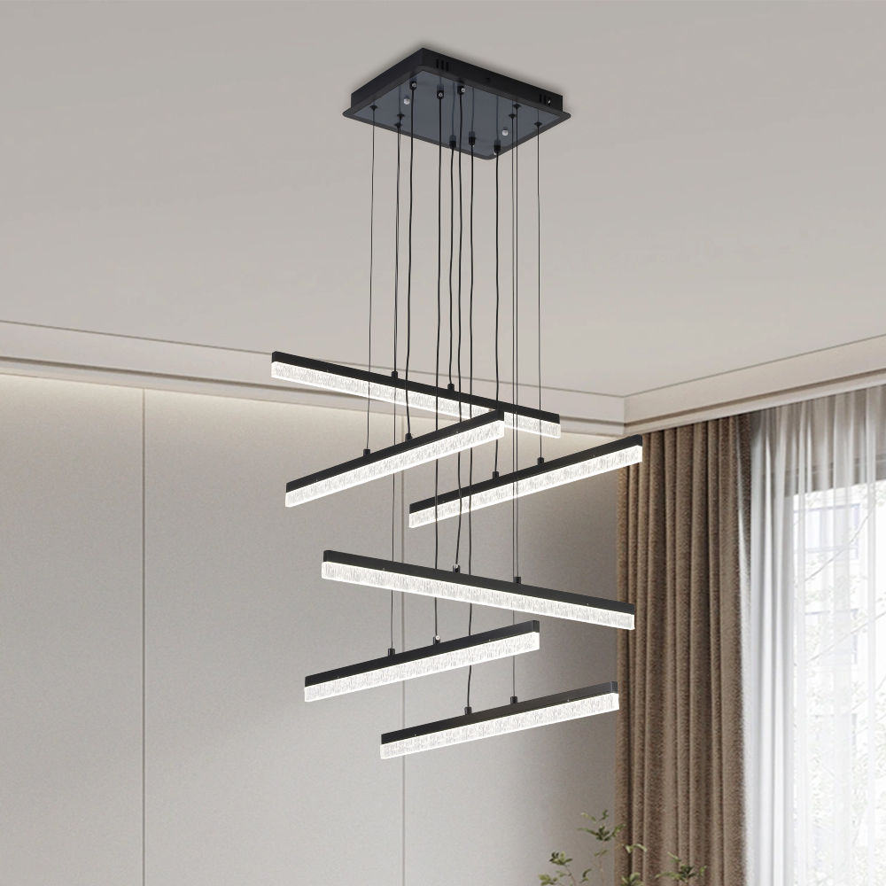 Pendul LED modern negru 2819-6 BK cu design geometric si lumina ajustabila prin telecomanda, potrivit pentru dormitor modern si elegant.