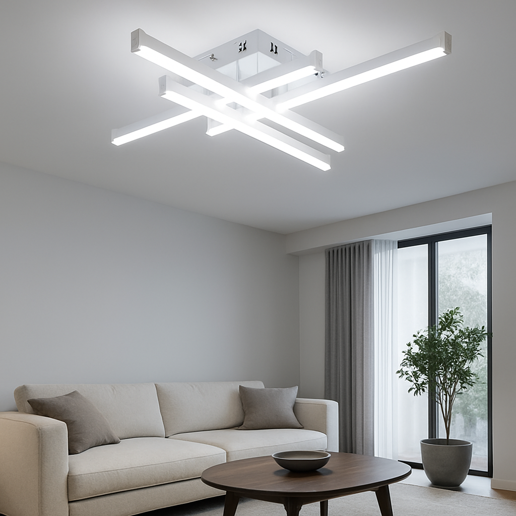 Lustra LED moderna 80W alb mat cu lumina reglabila 3300K-6500K si telecomanda, montata in living modern pentru iluminare uniforma si eleganta