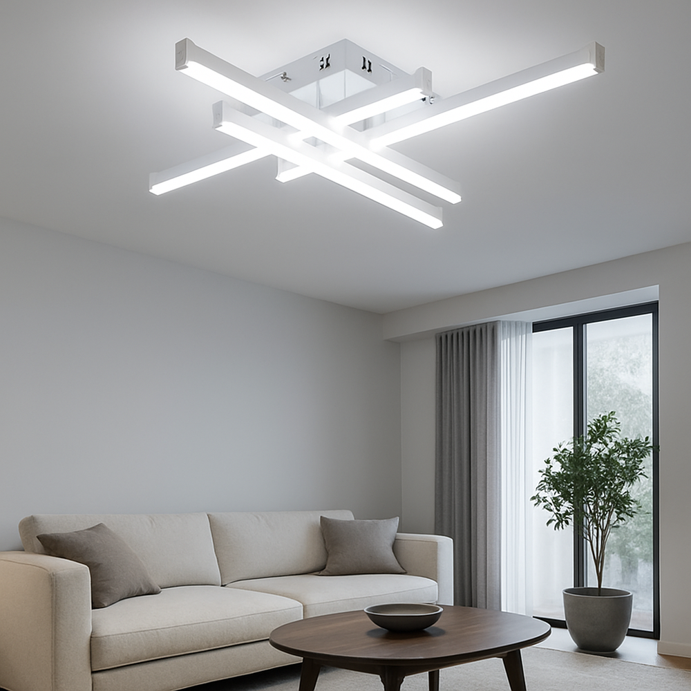 Lustra LED moderna 80W alb mat cu lumina reglabila 3300K-6500K si telecomanda, montata in living modern pentru iluminare uniforma si eleganta