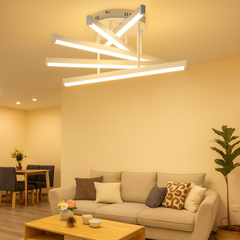 Lustra LED moderna 120W alb mat cu lumina reglabila 3300K-6500K si telecomanda, montata in living modern pentru iluminare puternica si eleganta