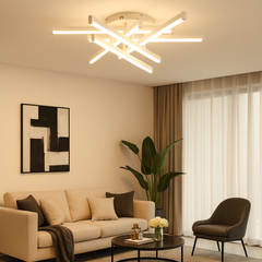 Lustra LED moderna 144W alb mat cu lumina reglabila 3300K-6500K si telecomanda, montata in living modern pentru iluminare puternica si eleganta