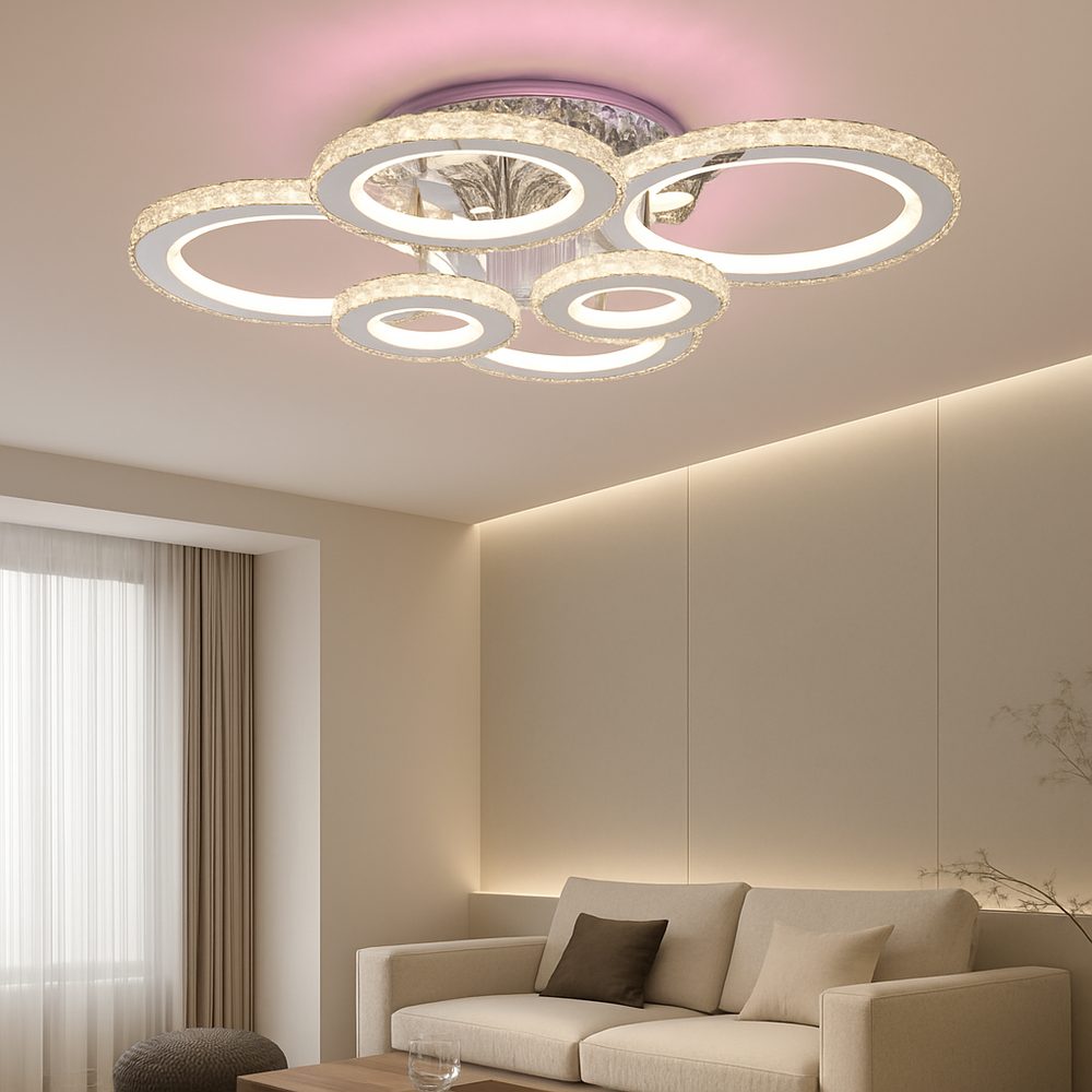 Lustra LED moderna 238W cu 6 inele si lumina RGB, reglabila 3500K-6500K cu telecomanda, montata in living modern pentru efect decorativ si iluminare puternica