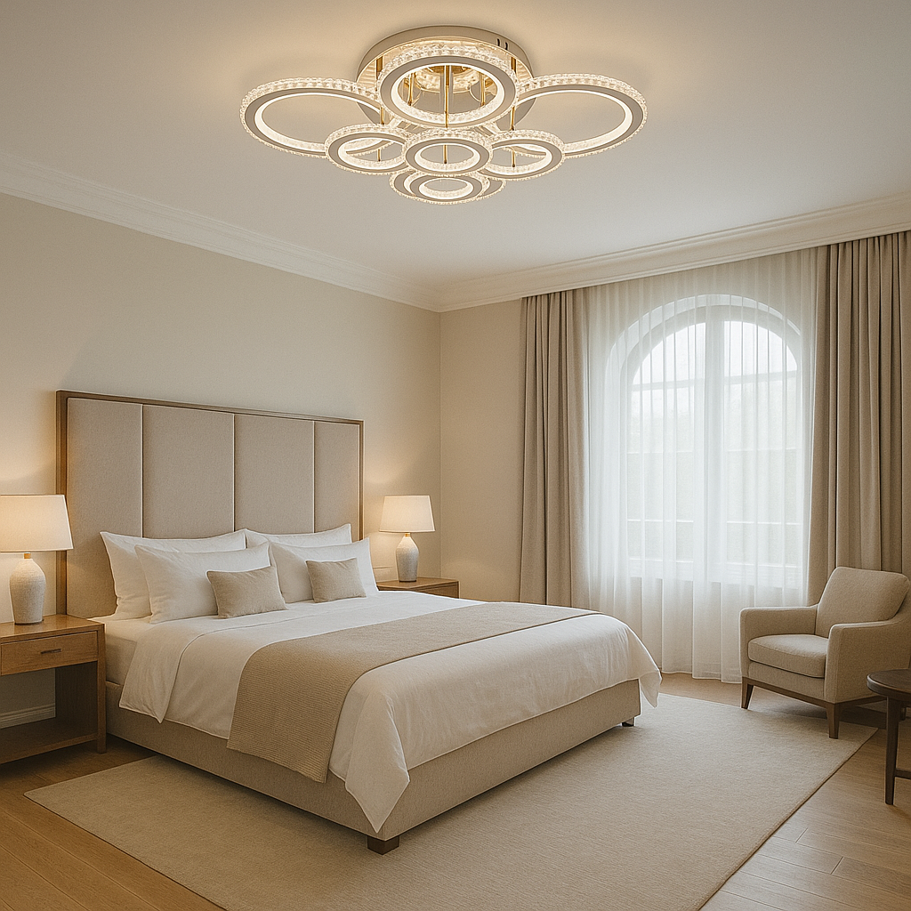 Lustra LED 328W cu 8 inele si cristal, lumina RGB si reglaj 3500K-6500K, potrivita pentru dormitoare moderne cu iluminare decorativa si adaptabila