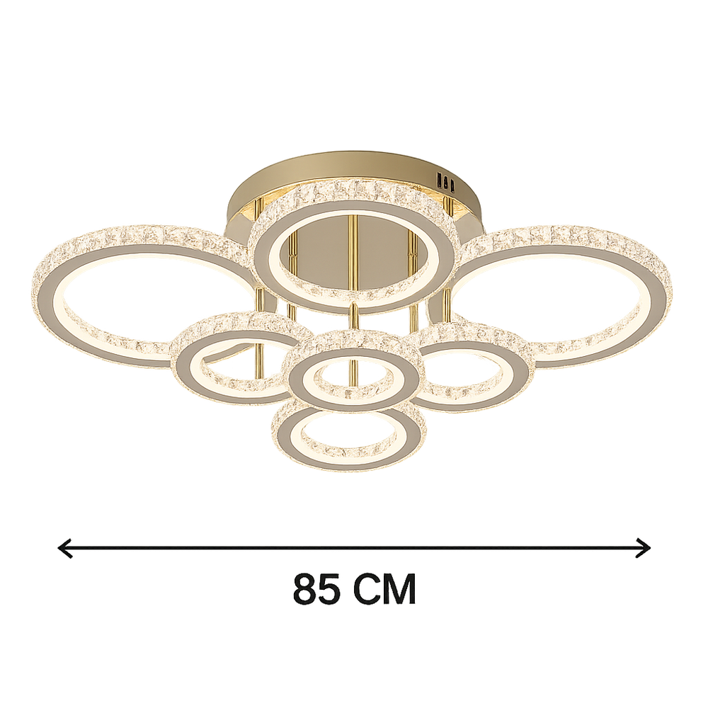 Lustra LED 328W cu 8 inele, cristal si lumina RGB, reglabila 3500K-6500K, potrivita pentru iluminarea moderna si dinamica a unui birou contemporan