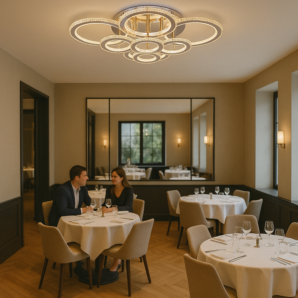 Lustra LED 328W cu 8 inele si cristal, lumina RGB si reglaj 3500K-6500K, ideala pentru un dining modern cu iluminare eleganta si atmosfera versatila