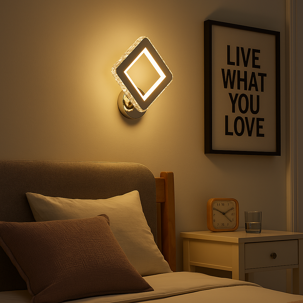 Aplica LED LUBAN Diamond 34W, design romboidal alb, montata in dormitor modern, lumina reglabila pentru accente elegante