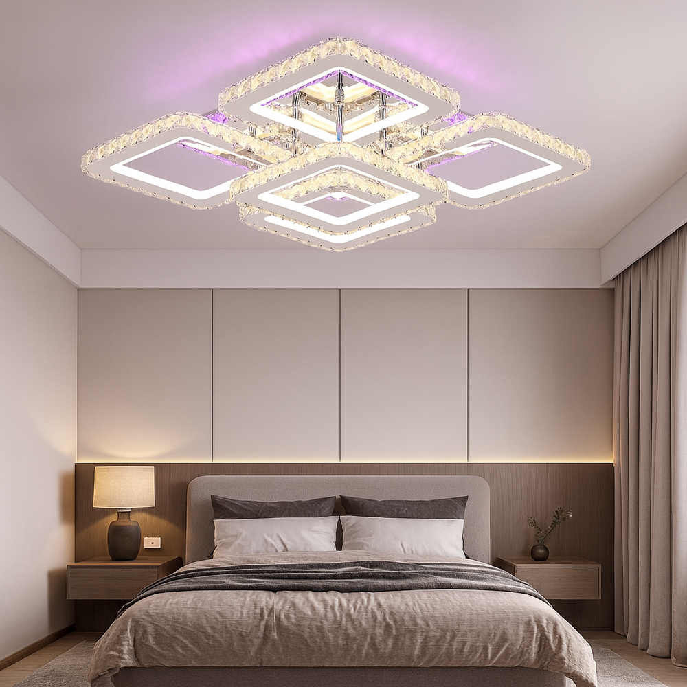 Lustra LED geometrica 200W cu efect Halo si lumina reglabila 3500K-6500K cu telecomanda, ideala pentru dormitoare moderne cu iluminare confortabila