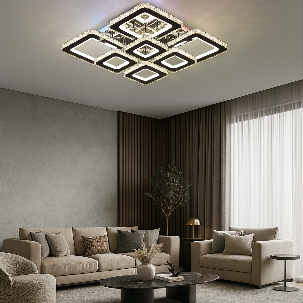 Lustra LED patrata 256W cu 8 module, flux 11024 lm si lumina reglabila 3500K-6500K cu telecomanda, montata in living modern pentru iluminare puternica