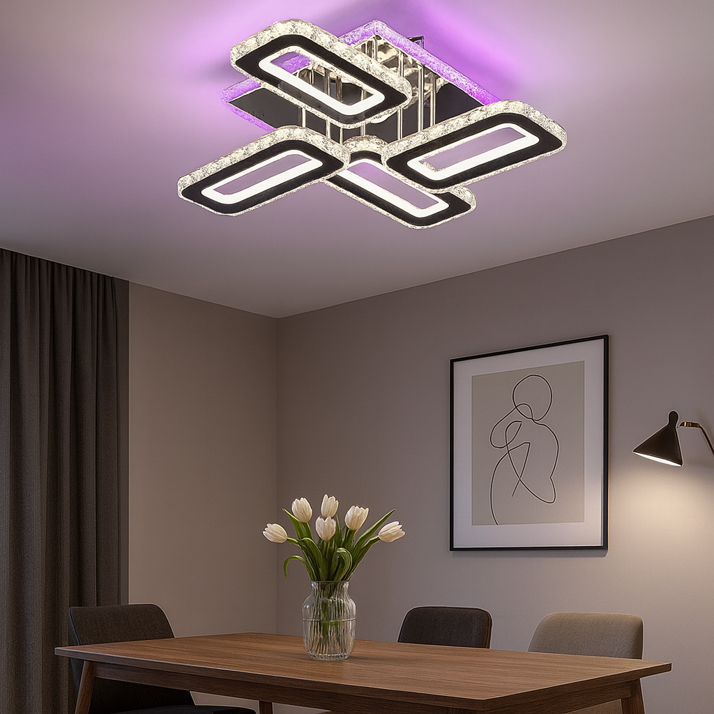 Lustra LED patrata 2x72W cu efecte RGB, lumina reglabila si telecomanda 2.4G, perfecta pentru un dining modern cu iluminare eleganta si atmosfera versatila
