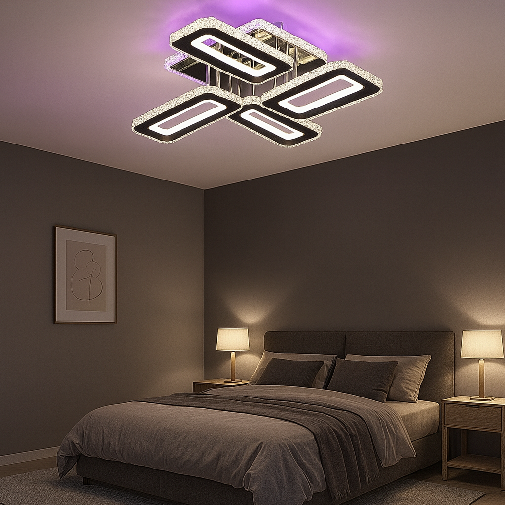 Lustra LED patrata 2x72W cu lumina reglabila 3500K-6500K si efecte RGB cu telecomanda, ideala pentru dormitoare moderne cu iluminare creativa si confortabila