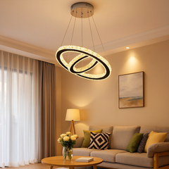 Lustra LED cristal 2 cercuri 80W cu telecomanda, design modern pentru living cu tavan inalt