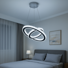 Lustra LED cristal 2 cercuri 80W cu telecomanda, iluminare eleganta si relaxanta pentru dormitor