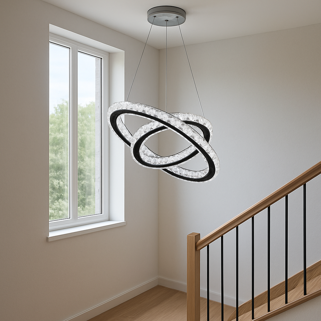 Lustra LED cristal 2 cercuri 80W cu telecomanda, efect spectaculos pentru scara interioara