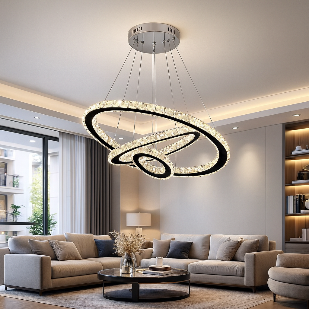 Lustra LED cristal trei cercuri 174W cu telecomanda, design spectaculos pentru living cu tavan inalt