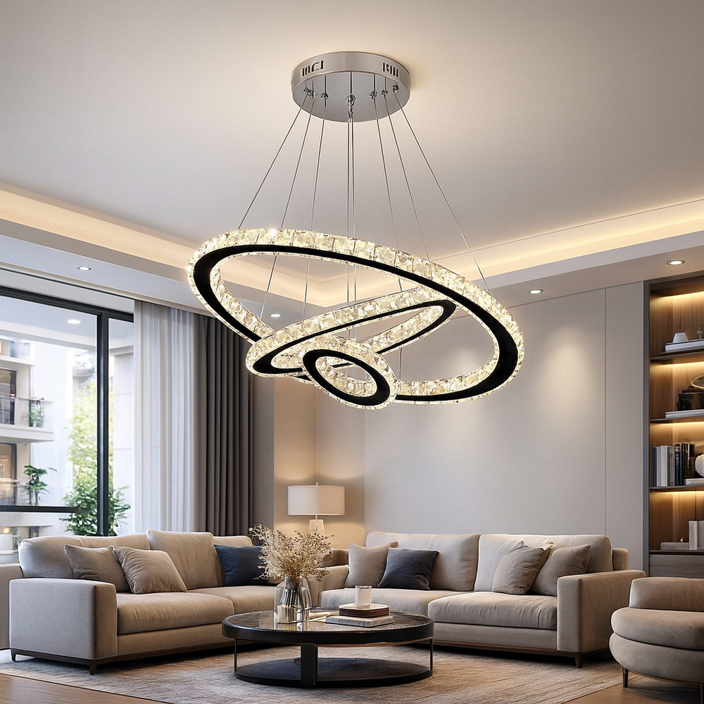 Lustra LED cristal trei cercuri 174W cu telecomanda, design spectaculos pentru living cu tavan inalt