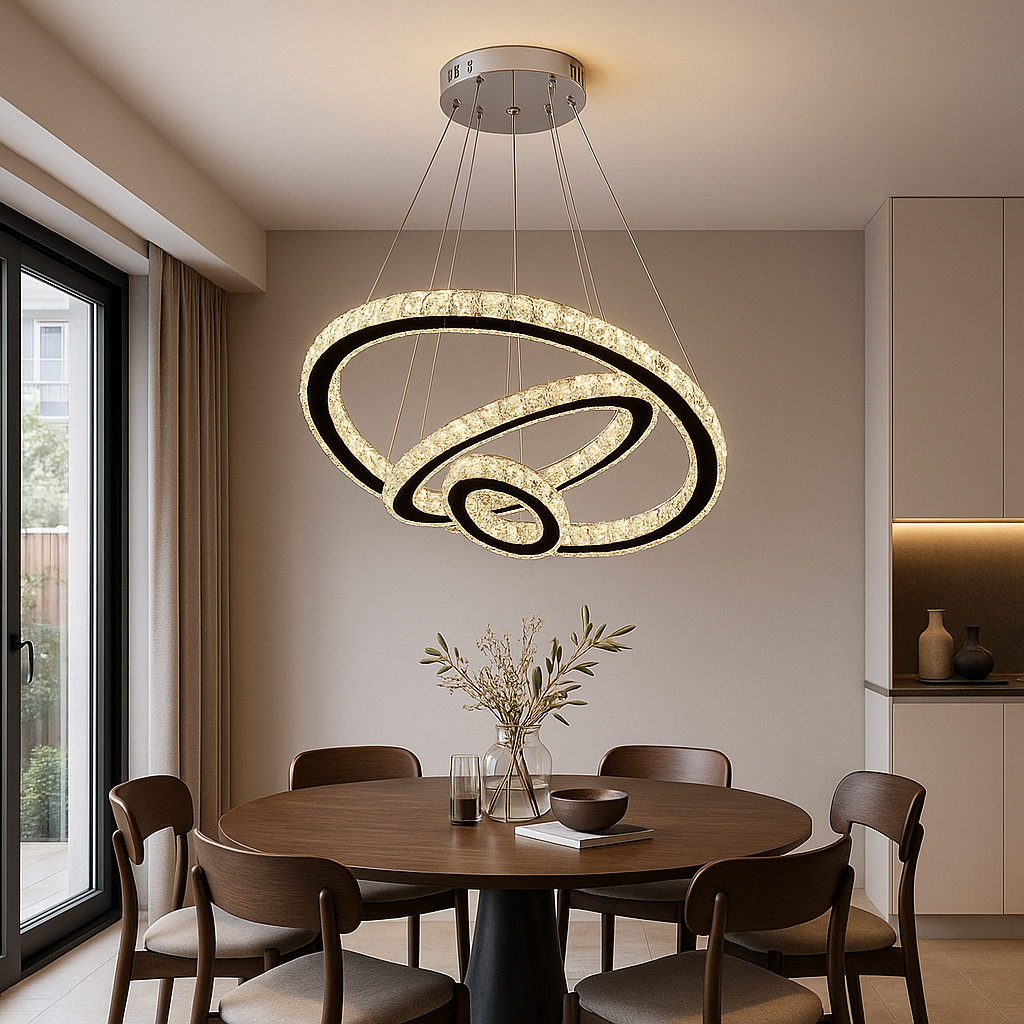 Lustra LED cristal trei cercuri 174W cu telecomanda, punct central modern pentru zona de dining