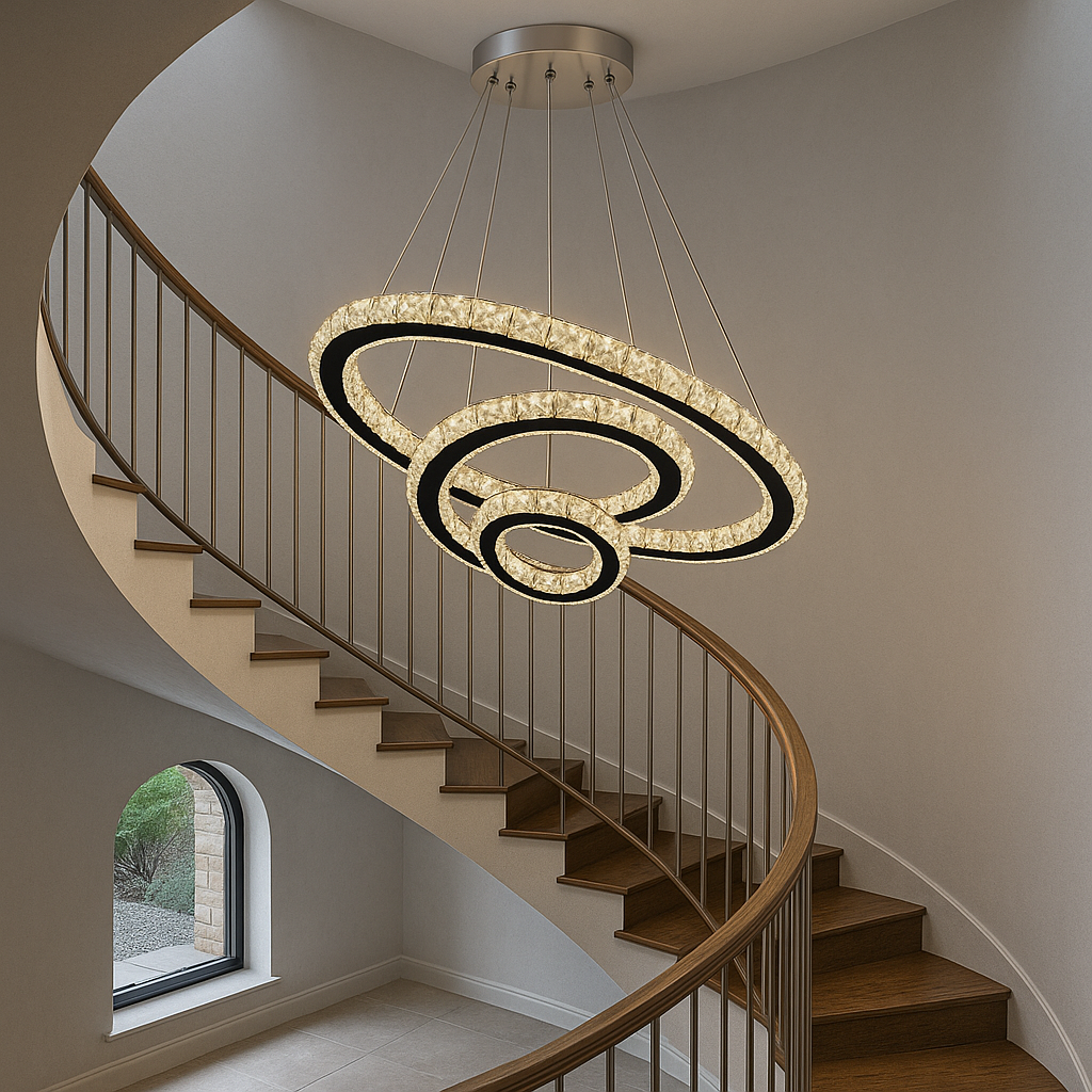 Lustra LED cristal trei cercuri 174W cu telecomanda, efect vizual impresionant pentru scara interioara