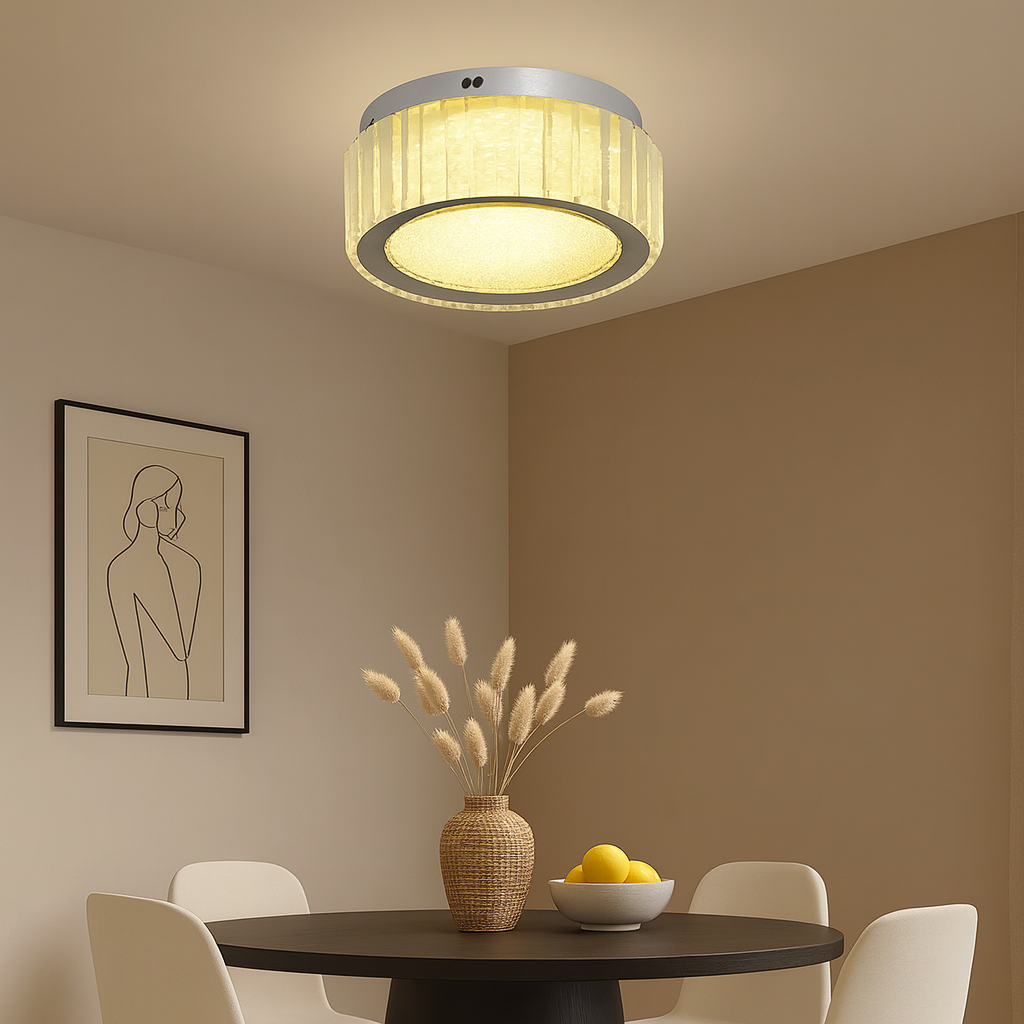 Lustra LED rotunda Ø300 cu difuzor cristal aplicata pe plafon in dining modern