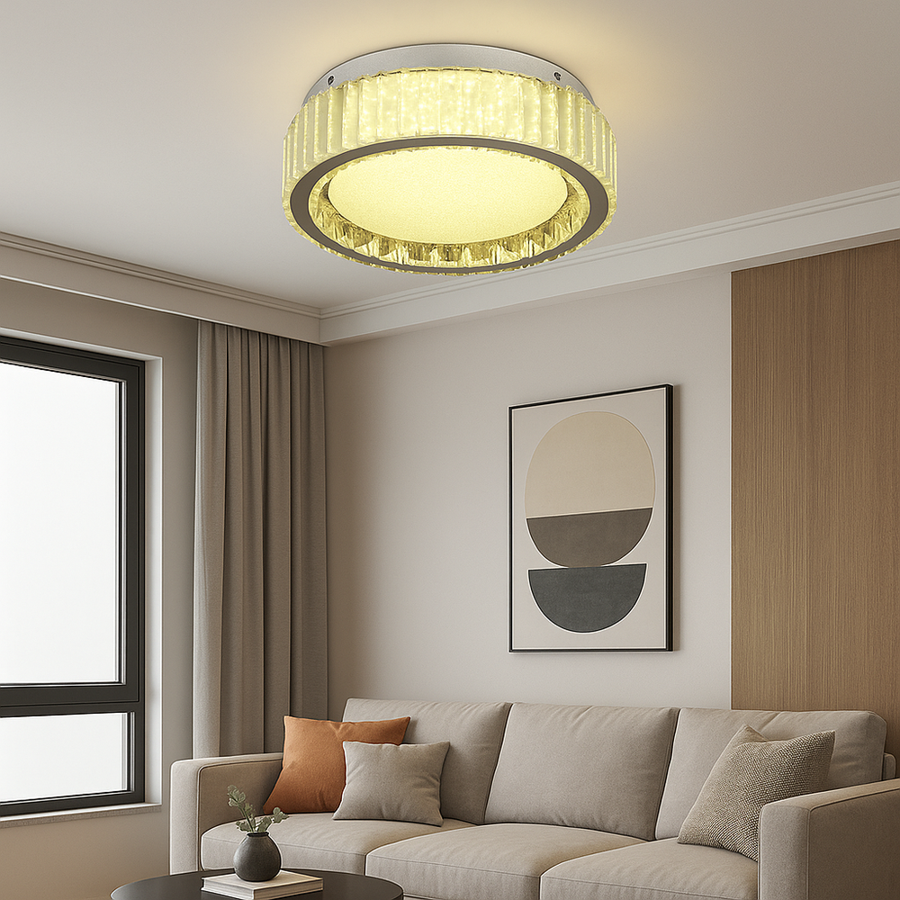 Lustra LED rotunda Ø500 cu cristal si telecomanda montata pe tavan in living modern