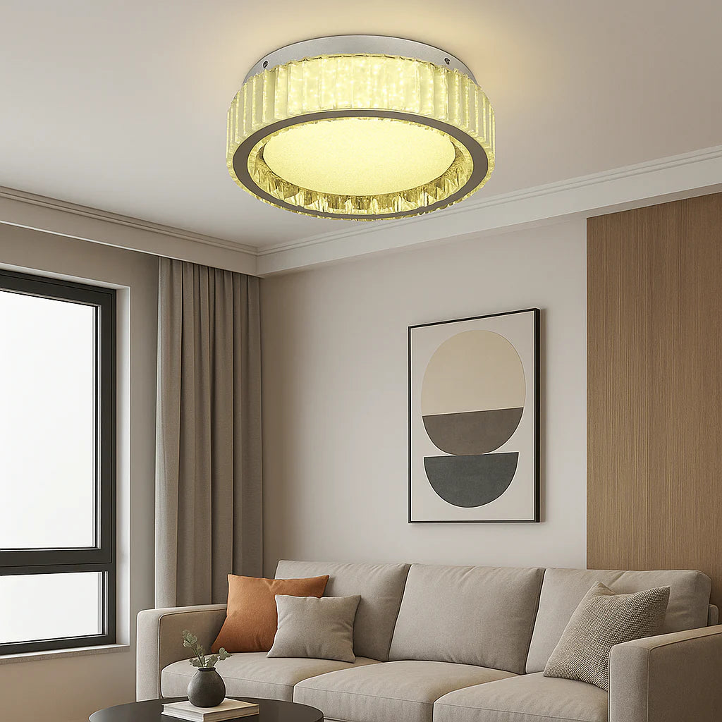 Lustra LED rotunda Ø400 cu cristal si telecomanda montata pe tavan in living modern