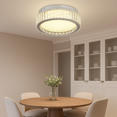 Lustra LED rotunda Ø400 cu design tip cristal aplicata pe tavan in dining elegant