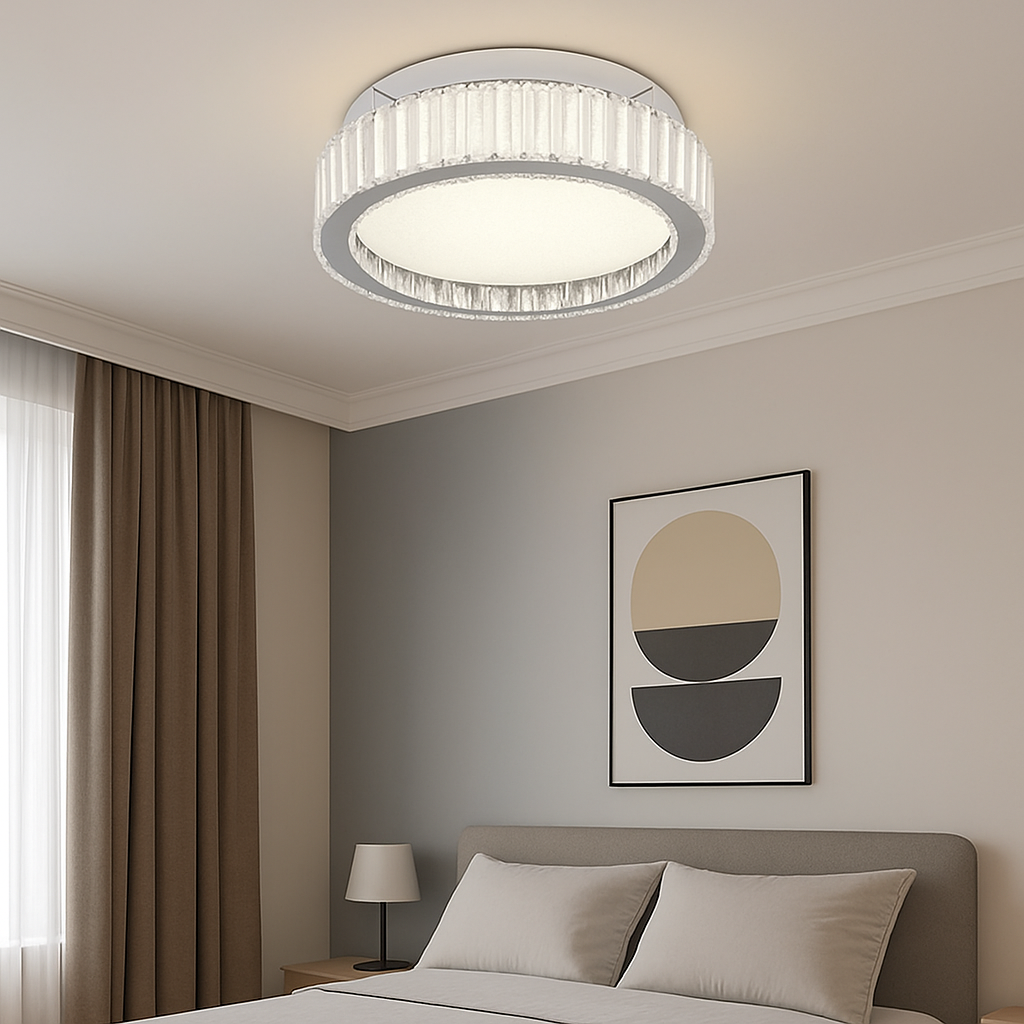 Lustra LED rotunda Ø400 cu efect cristal si lumina ajustabila pentru dormitor matrimonial