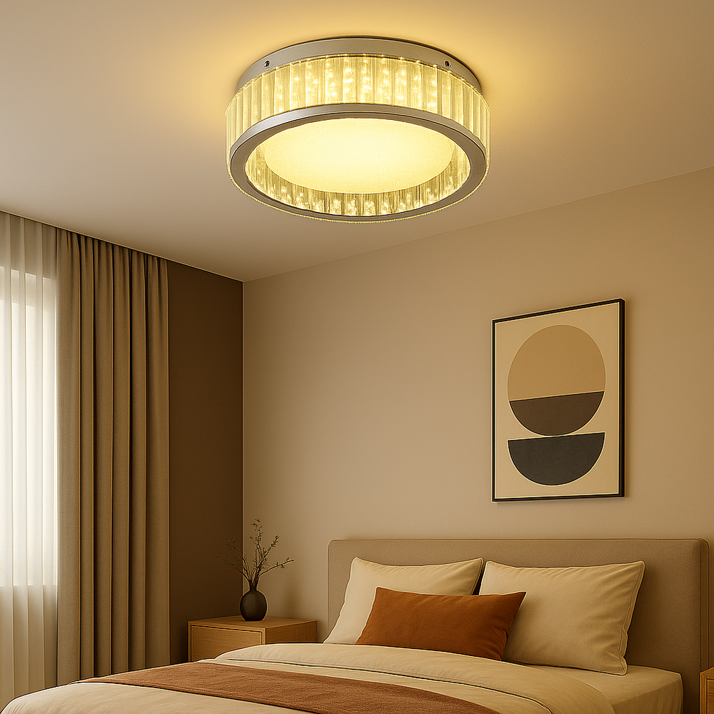 Lustra LED rotunda Ø500 cu efect cristal si lumina ajustabila pentru dormitor matrimonial