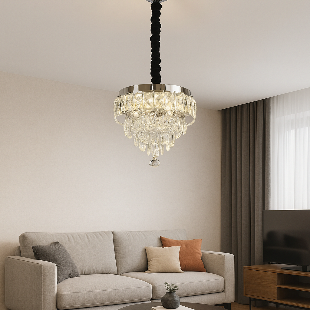 Candelabru LED rotund cu cristal in living modern, Ø300 mm, 52W, lumina reglabila 3500–6500K, cu telecomanda