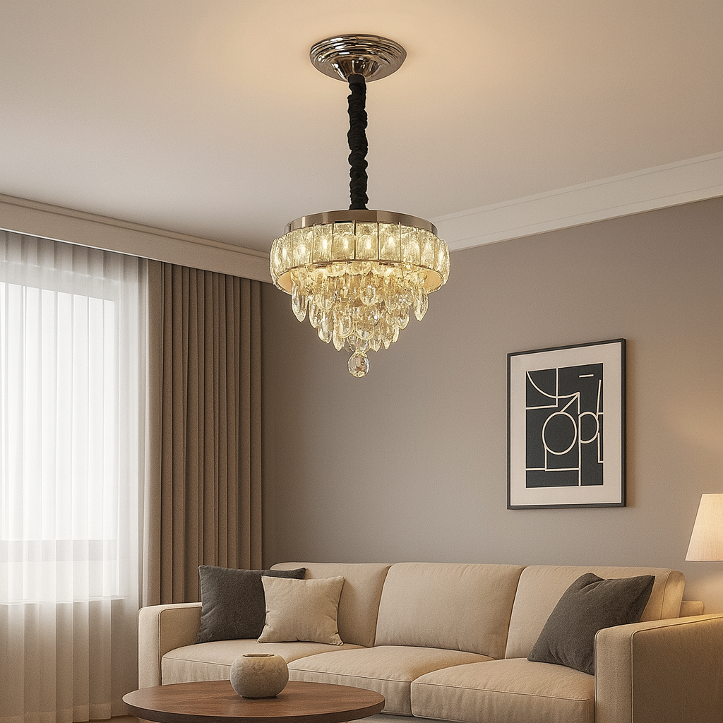 Candelabru LED rotund cu cristal in living modern, Ø300 mm, 52W, lumina reglabila 3500–6500K, cu telecomanda