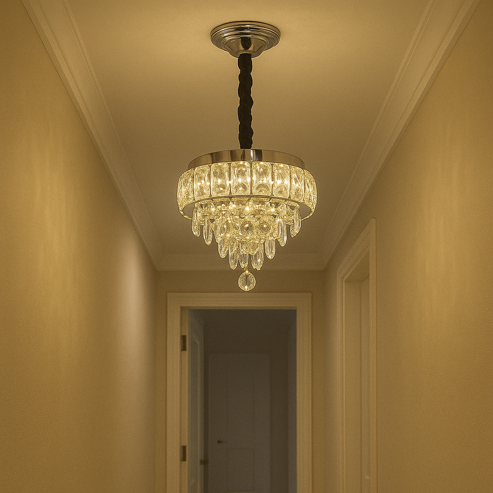 Candelabru LED rotund cu cristal pe hol modern, Ø300 mm, 52W, lumina reglabila 3500–6500K, cu telecomanda