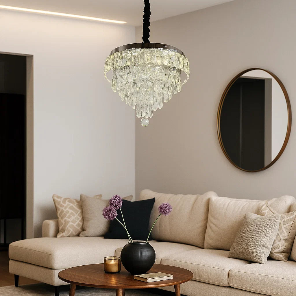 Candelabru LED rotund cu cristal in living elegant, Ø400 mm, 80W, lumina reglabila 3500–6500K, cu telecomanda