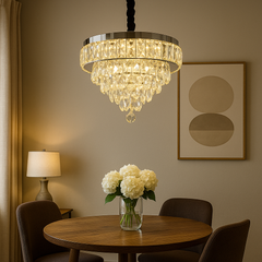 Candelabru LED rotund cu cristal deasupra mesei in dining elegant, Ø400 mm, 80W, lumina reglabila 3500–6500K